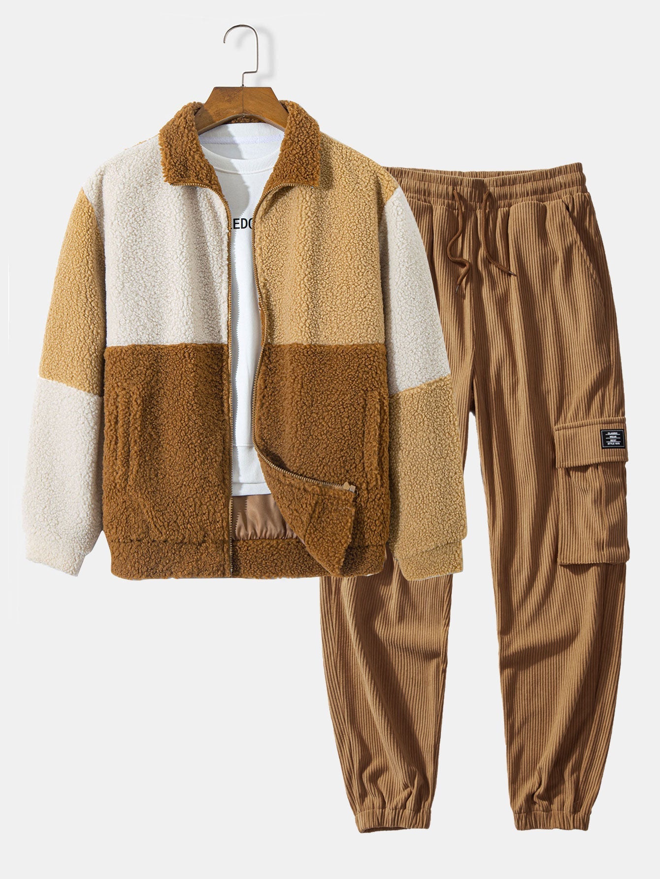 Cor Casaco de Teddy Fleece com Bloco de Cores & Calças Jogger de Corduroy com Corda