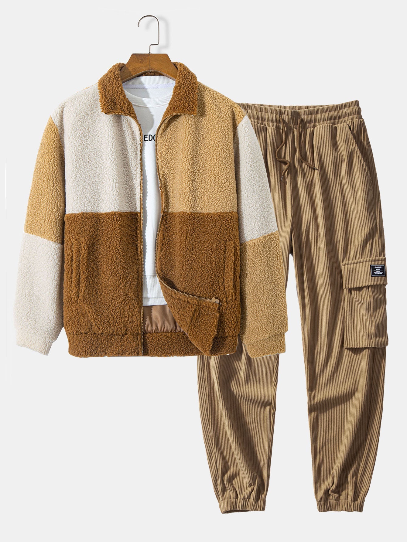 Cor Casaco de Teddy Fleece com Bloco de Cores & Calças Jogger de Corduroy com Corda