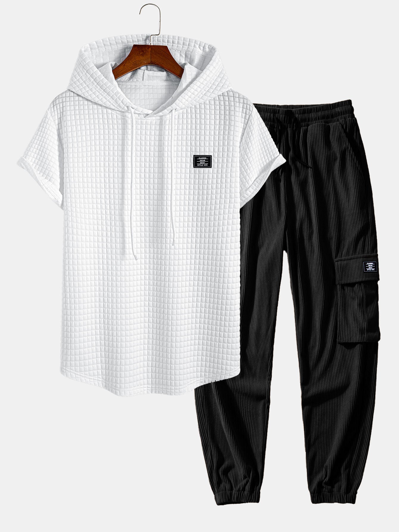 Waffle com capuz de arco camiseta de bainha e cordão de cordão de cordão calças de corredor