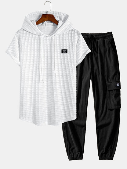 Waffle com capuz de arco camiseta de bainha e cordão de cordão de cordão calças de corredor