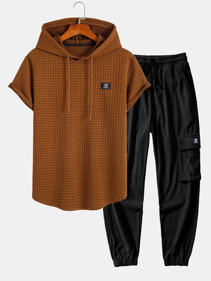 Waffle com capuz de arco camiseta de bainha e cordão de cordão de cordão calças de corredor