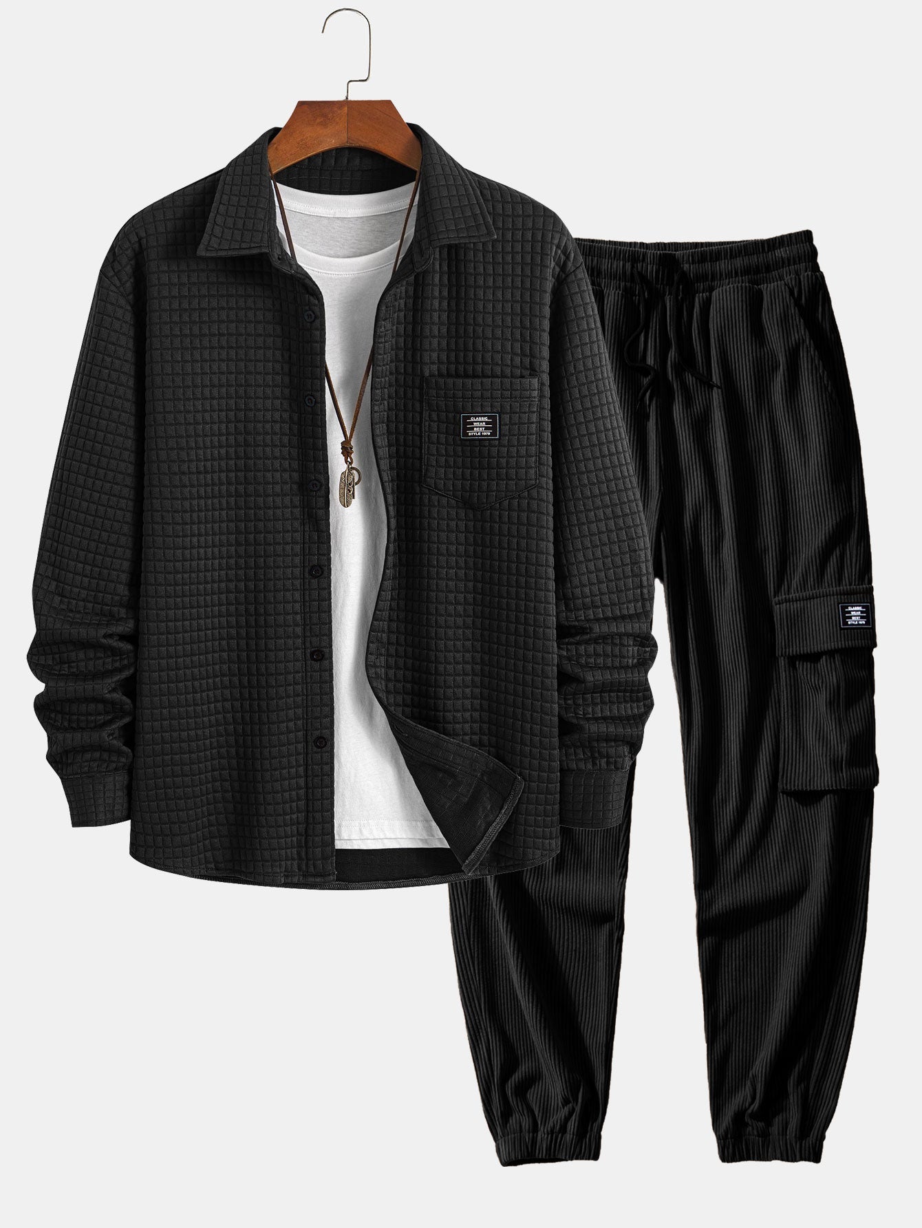 Waffle Button Up camisa e calça de corredor de carga de veludo de cordão drawtring