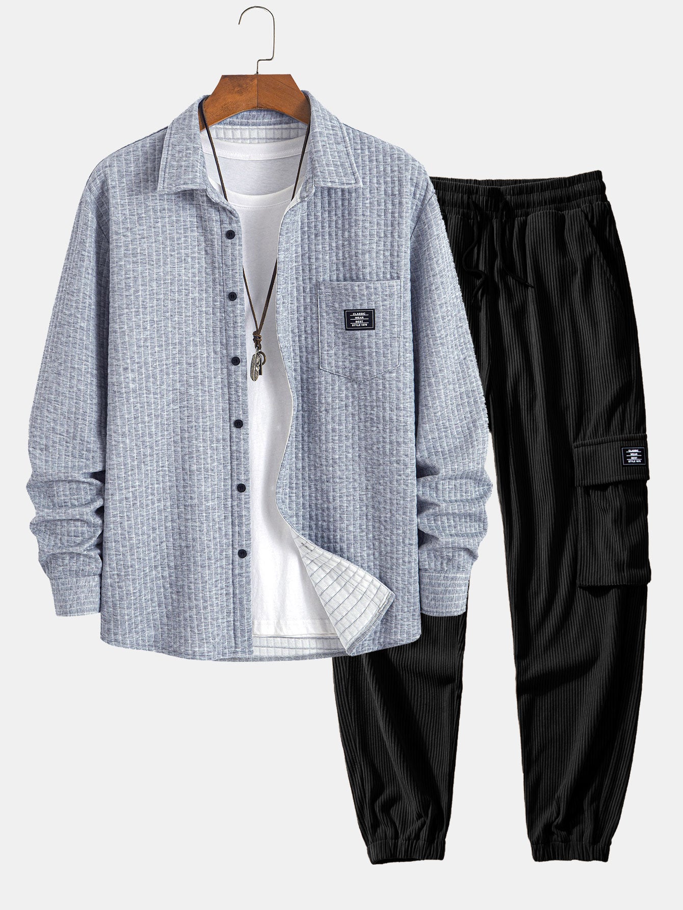 Waffle Button Up camisa e calça de corredor de carga de veludo de cordão drawtring