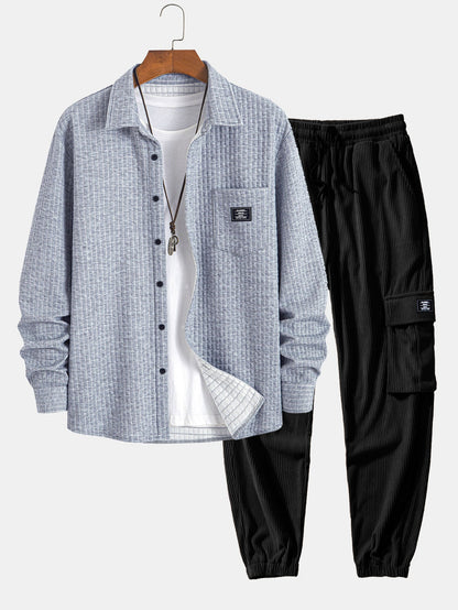 Waffle Button Up camisa e calça de corredor de carga de veludo de cordão drawtring