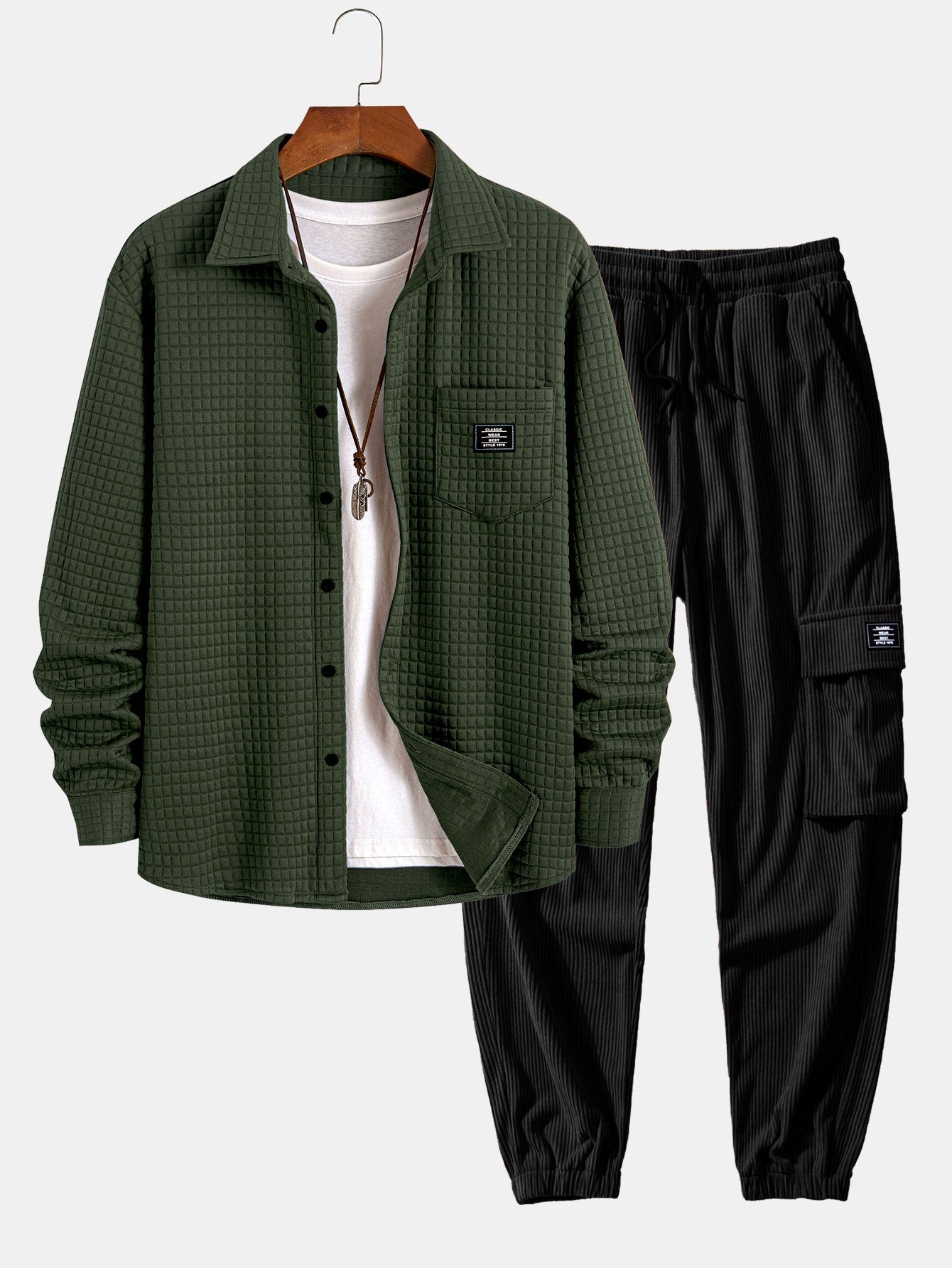 Waffle Button Up camisa e calça de corredor de carga de veludo de cordão drawtring