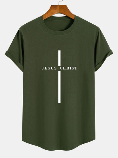 Camiseta de Algodão com Estampa Listrada Jesus Cristo com Barra Arqueada