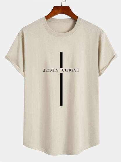 Camiseta de Algodão com Estampa Listrada Jesus Cristo com Barra Arqueada