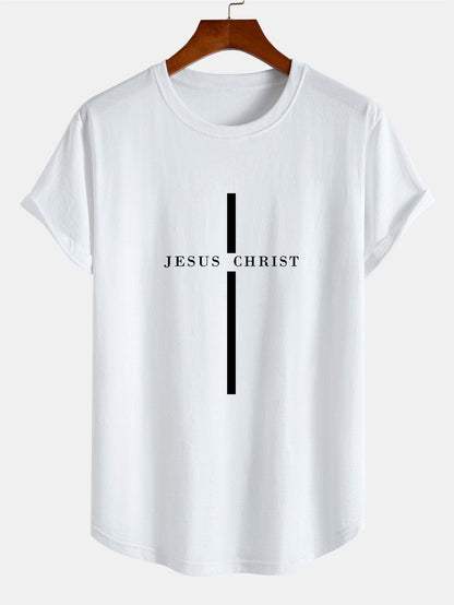 Camiseta de Algodão com Estampa Listrada Jesus Cristo com Barra Arqueada